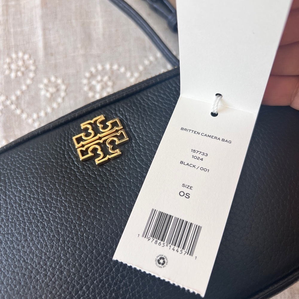 TORY BURCH• Britten Black Leather Camera Bag with Gold Logo - Picture 3 of 13